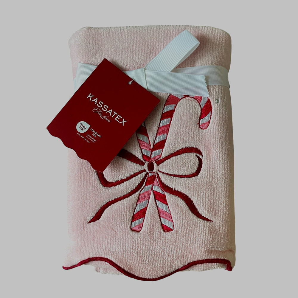 2pc Kassatex Christmas Hand Towels Candy Cane with Bow Cotton Holiday Pink NEW